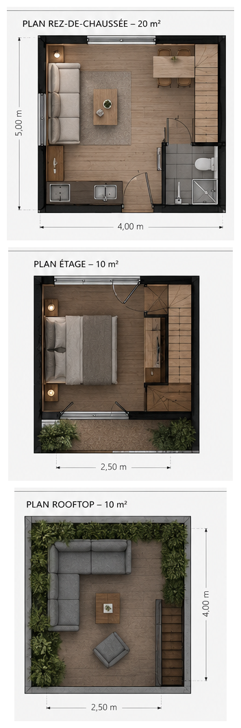 Duplex — plans rez-de-chaussée, étage et rooftop