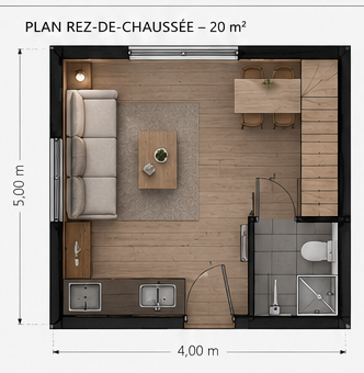 Studio — plan du rez-de-chaussée, 4 × 5 m