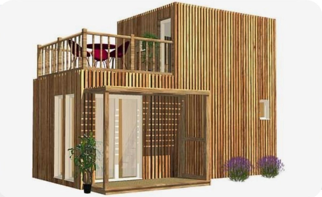 Studio de jardin bois claire-voie à deux niveaux, chambre à l'étage face à sa terrasse à garde-corps — esprit La 30