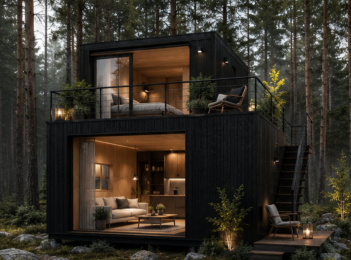 Tiny house MyGlamHouse en forêt, de nuit
